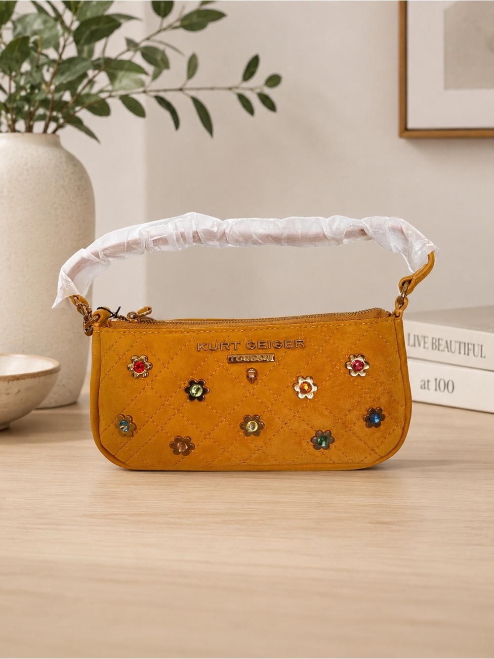 Kurt Geiger Mustard Suede Quilted Mini Shoulder Bag with Floral Studs NWT - Picture 1 of 6